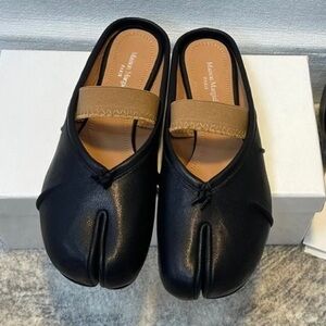 Maison Martin Margiela Black Leather Tabi Mules with Tan Strap